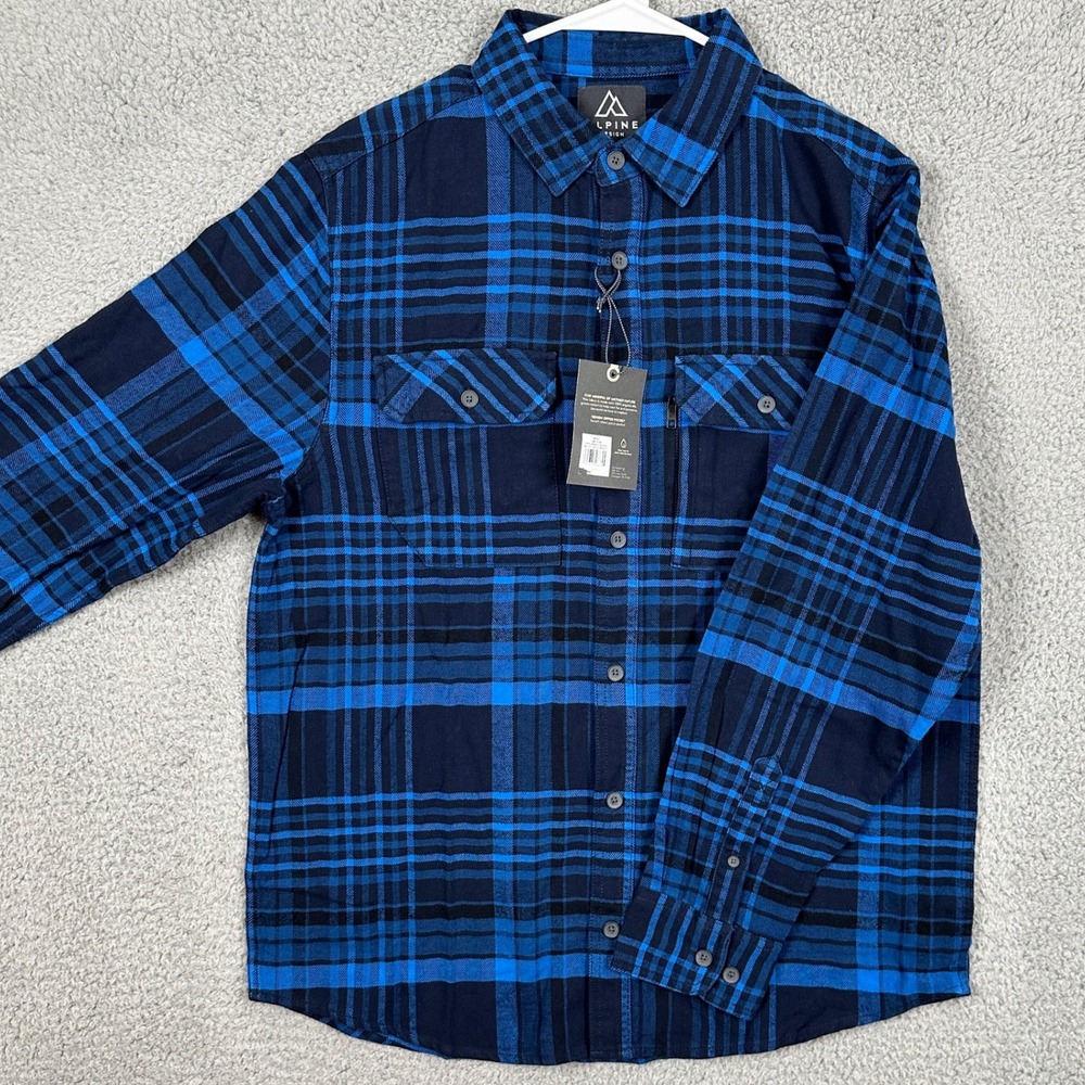 Alpine Design Explorer Flannel Shirt Button Up Mens Medium Blue Plaid Pocket NEW